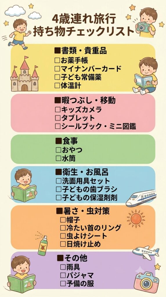 4歳連れ旅行の持ち物チェックリスト|暇つぶし・食事・衛生・衣類・移動グッズ一覧