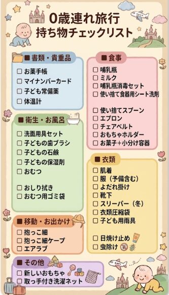 0歳連れ旅行の持ち物チェックリスト|食事・衛生・衣類・移動グッズ一覧