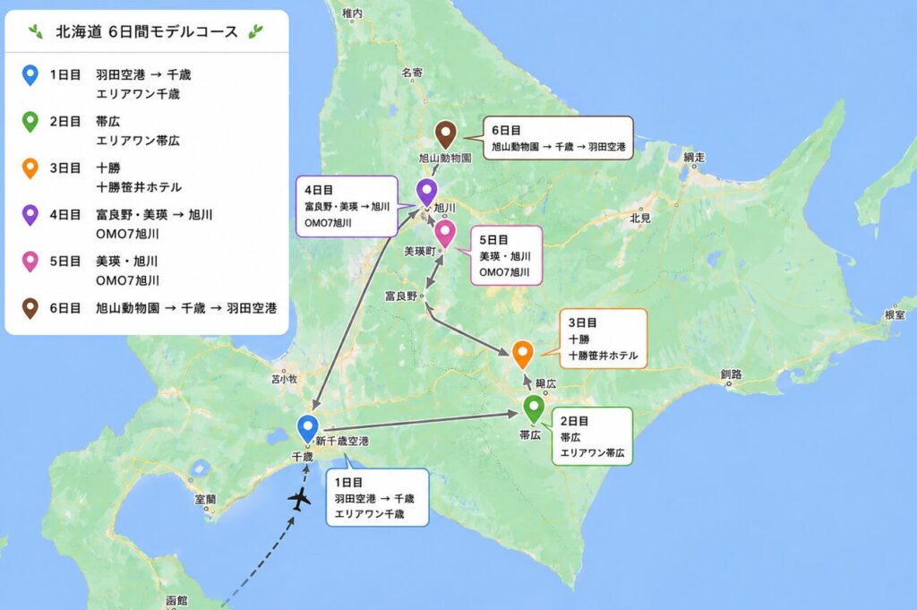 北海道子連れ5泊6日モデルコースの地図｜千歳・帯広・十勝・富良野美瑛・旭川の周回ルート