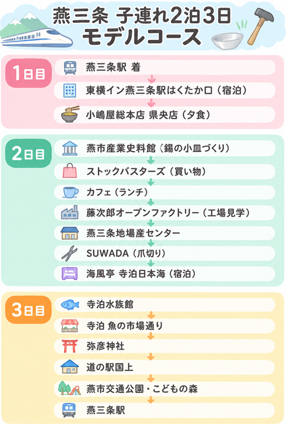 燕三条子連れ2泊3日モデルコースの行程図