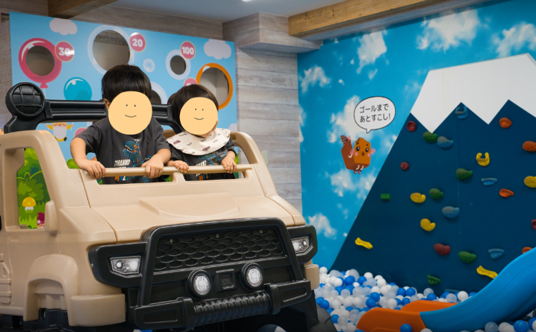 おもちゃの車に乗る兄弟とボールプール